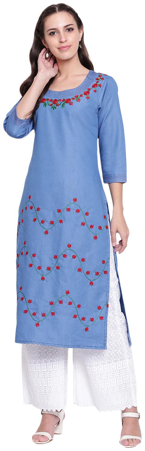 

BI AMMA DENIM BLUE EMBROIDERED STRAIGHT KURTA
