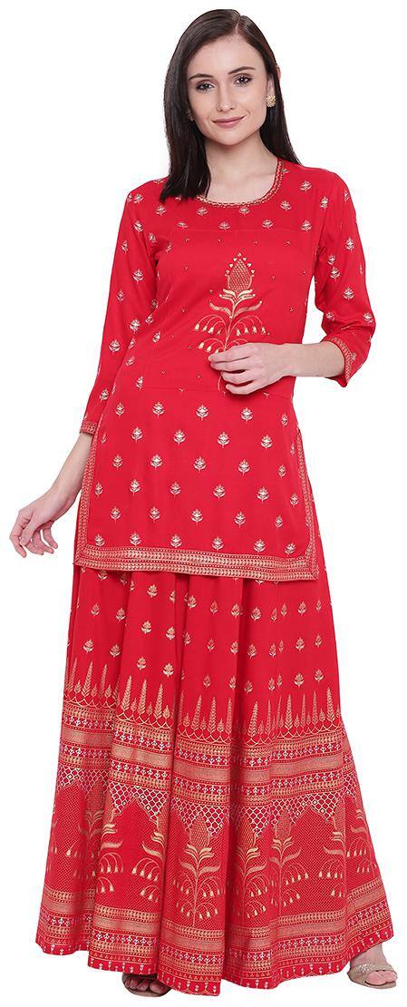 BI AMMA FOIL PRINTED RED RAYON STRAIGHT FIT SHORT KURTA AND FLARED FOIL PRINT SKIRT SET