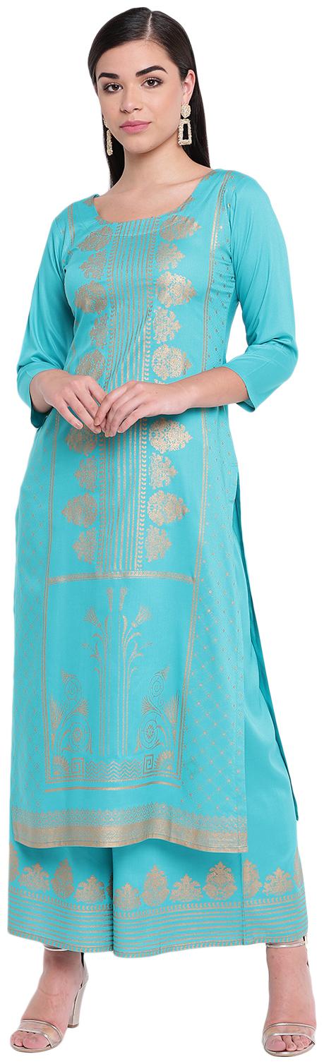 

BI AMMA RAYON PRINTED LONG STRAIGHT FIT KURTA AND FLARED PRINTED PALAZZO SET