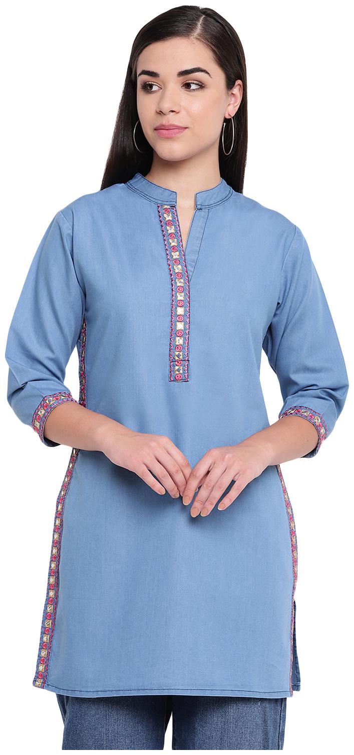 

BI AMMA Women Blue Embroidered Straight Kurti