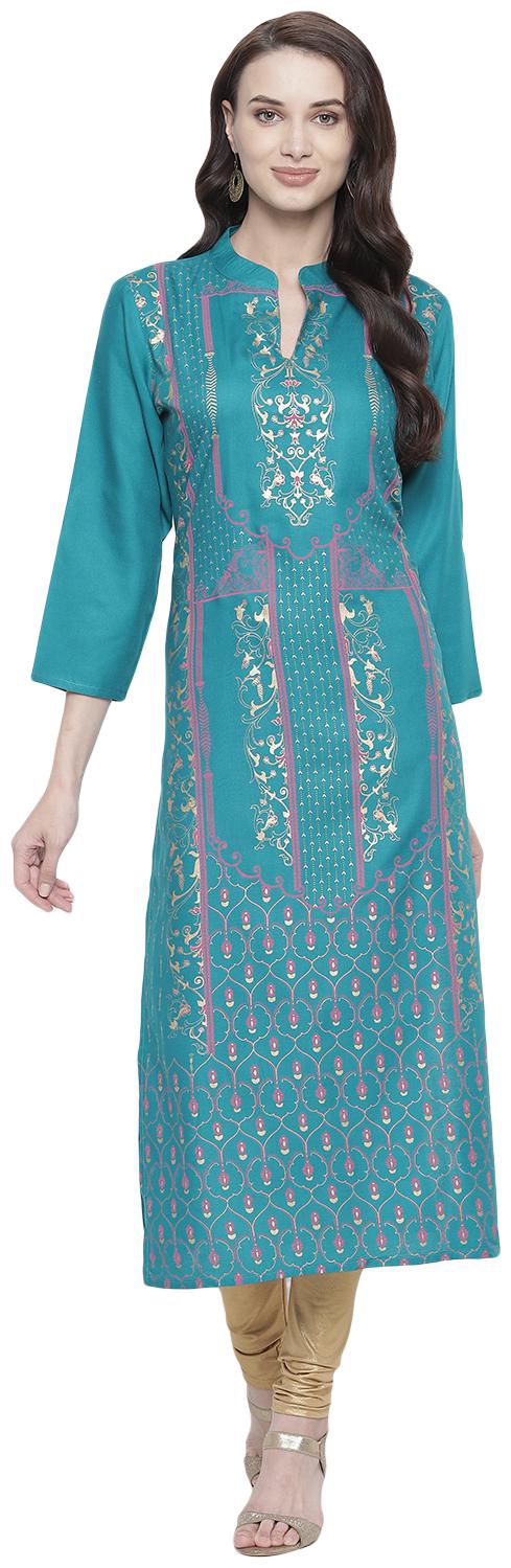

BI AMMA Women Turquoise Printed Straight Kurta