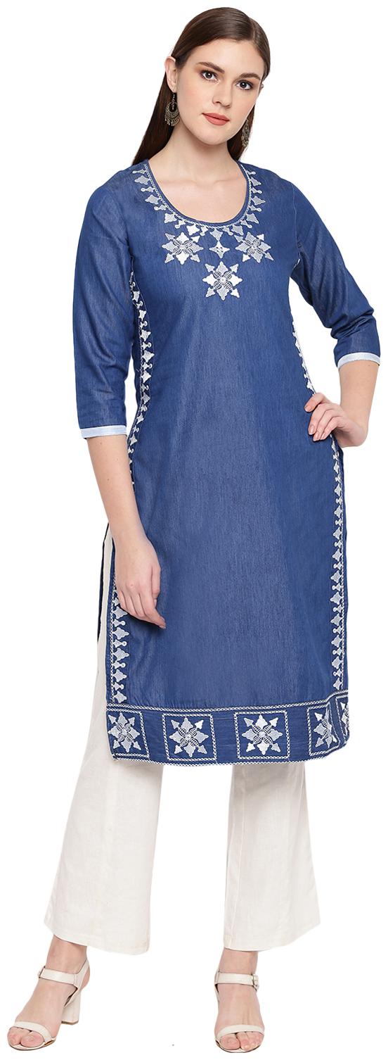 

BI AMMA Women Blue Embroidered Straight Kurta
