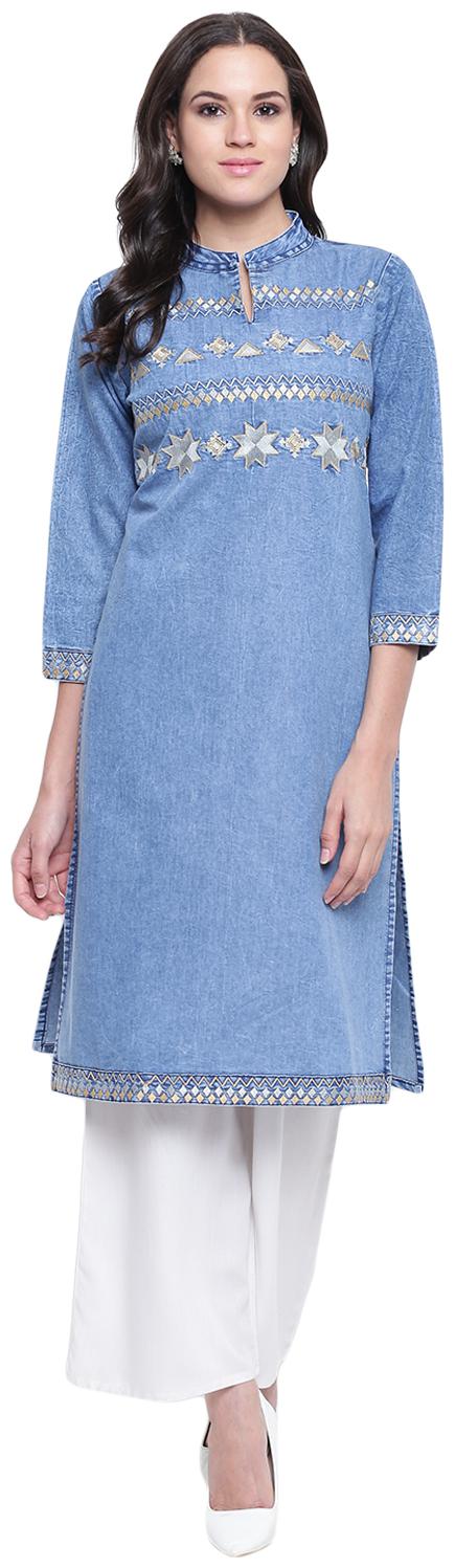 

BI AMMA Women Blue Embroidered Straight Kurta