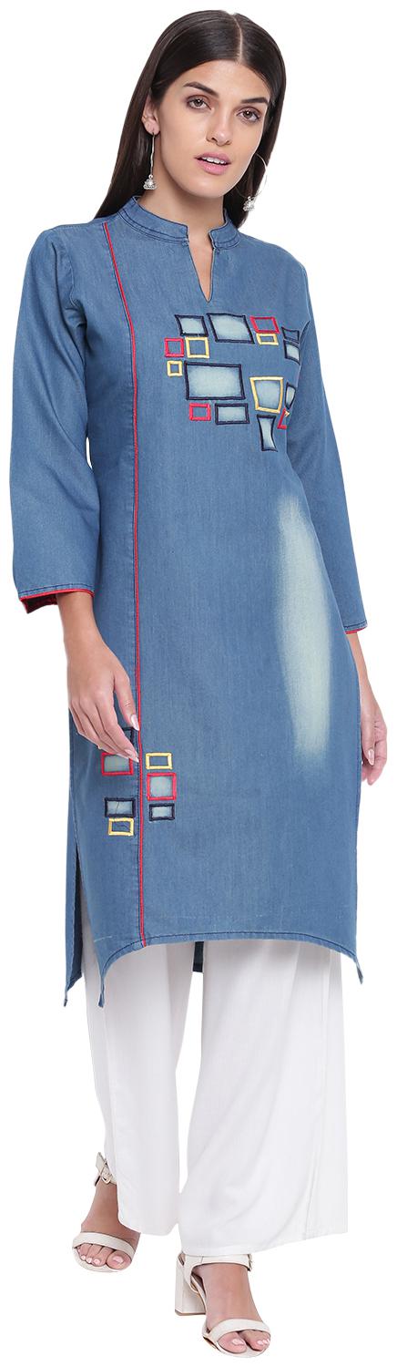 

BI AMMA Women Blue Embroidered Straight Kurta
