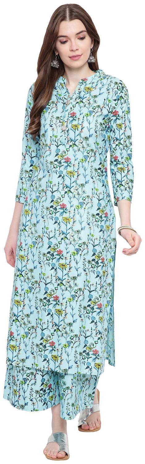 

BI AMMA Women Turquoise Floral Straight Kurta With Palazzo