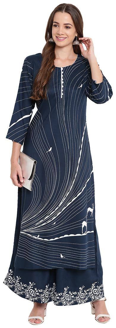 BI AMMA Women Blue Printed Straight Kurta With Palazzo