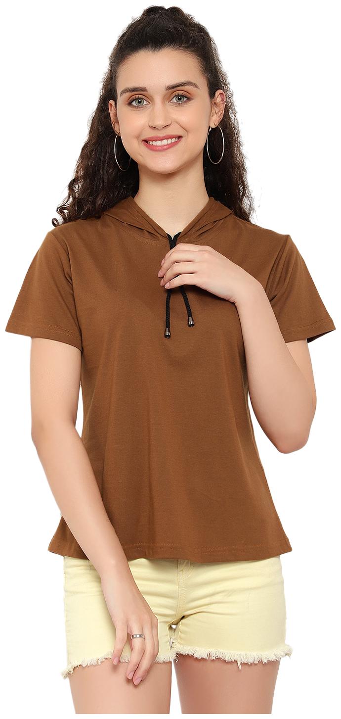 

Bi Fashion Women Brown Regular fit Hooded Cotton T shirt