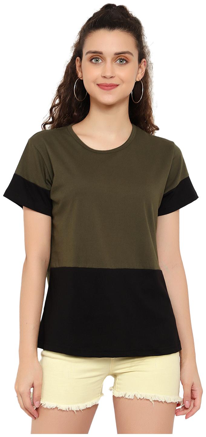 

Bi Fashion Women Cotton Colorblocked Regular Fit T Shirt (Olive Black)