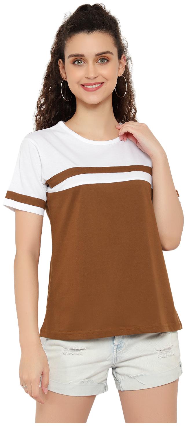 

Bi Fashion Women Brown White Regular fit Round neck Cotton T shirt