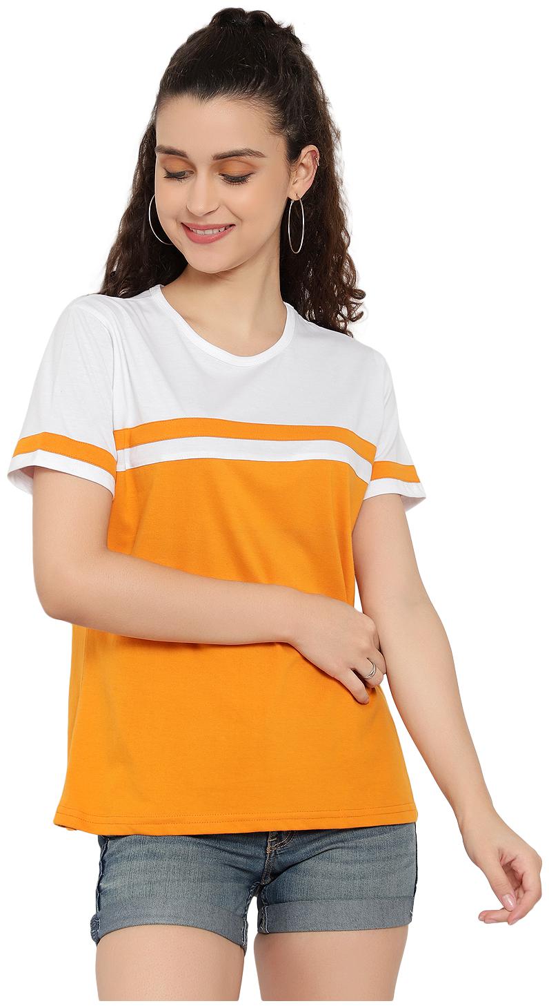 

Bi Fashion Women Mustard White Regular fit Round neck Cotton T shirt