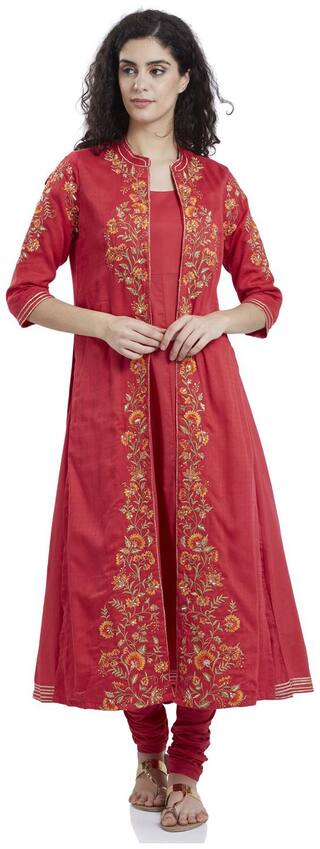 BIBA Women Red Printed Straight Kurta With Churidar