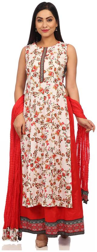 BIBA Women White Printed Straight Kurta With Palazzo And Dupatta