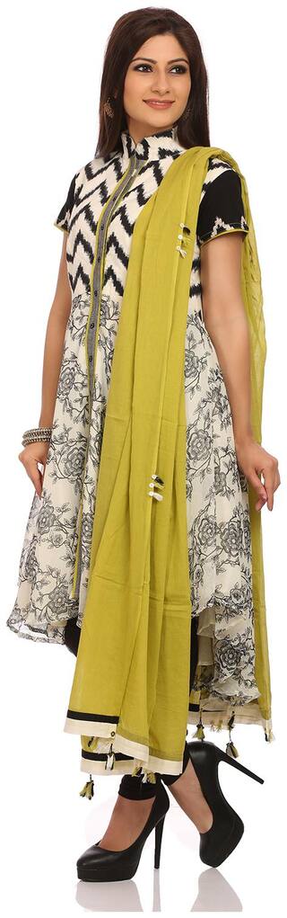 BIBA Off White Cotton Asymmetric Suit Set