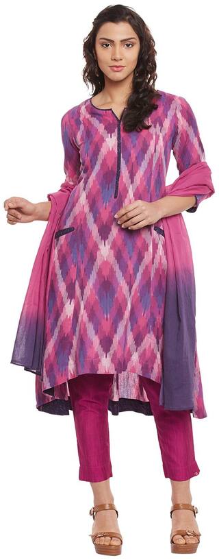 BIBA Pink Cotton Asymmetric Suit Set (SKD4850)