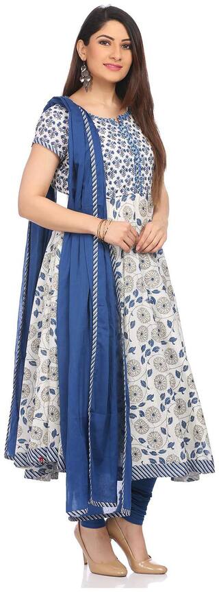 BIBA White & Blue Asymmetric Cotton Suit Set