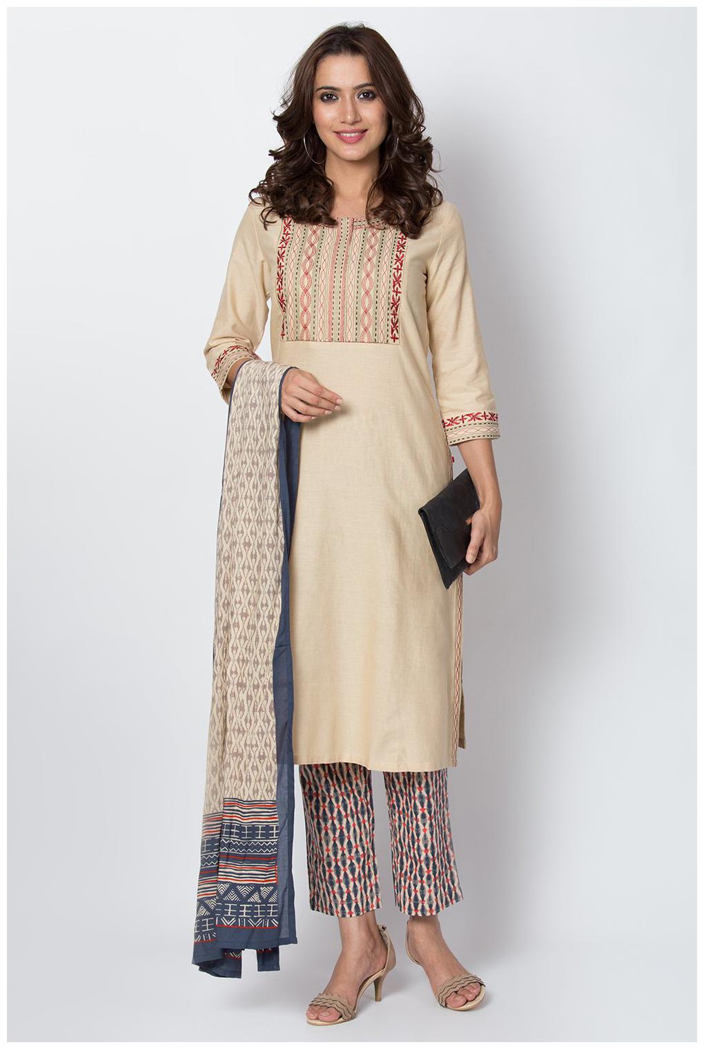 

BIBA Women Beige Blue Printed Straight Kurta With Palazzo And Dupatta