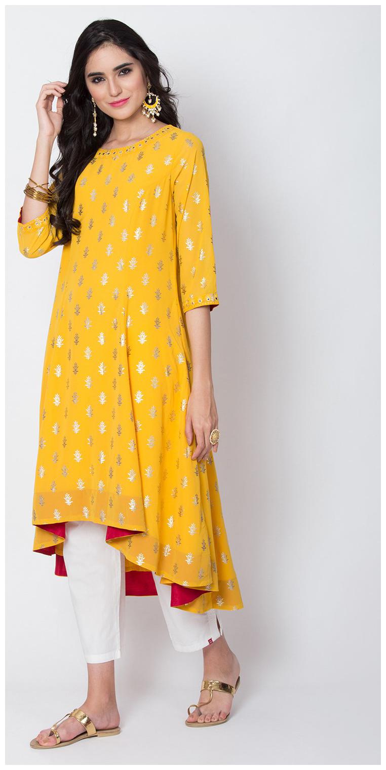 

BIBA Yellow Printed A-line dress
