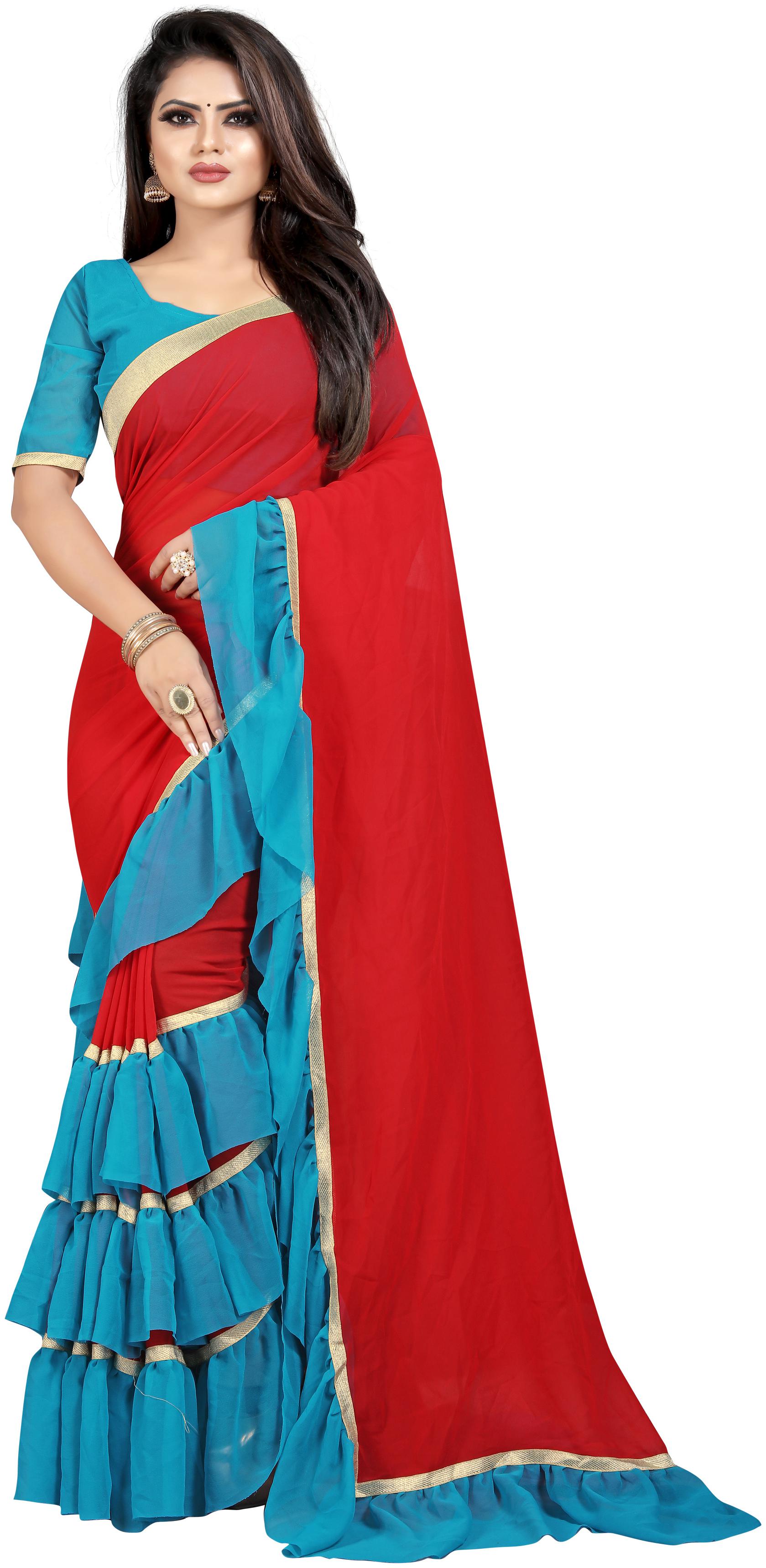

Bigben Textile Women Georgette Saree With Blouse Red and Turquoise color