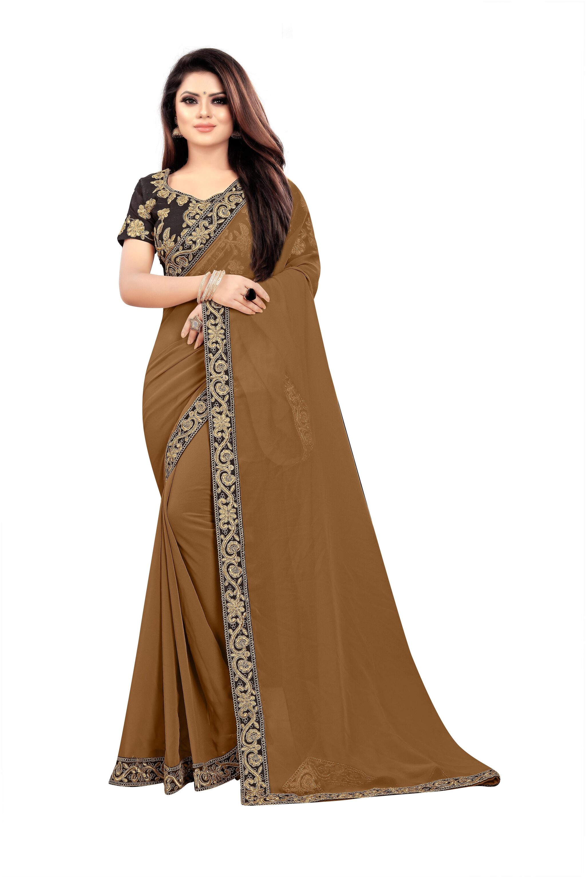 

Bigben Textile Georgette Lace work Party Wear Women Saree Brown