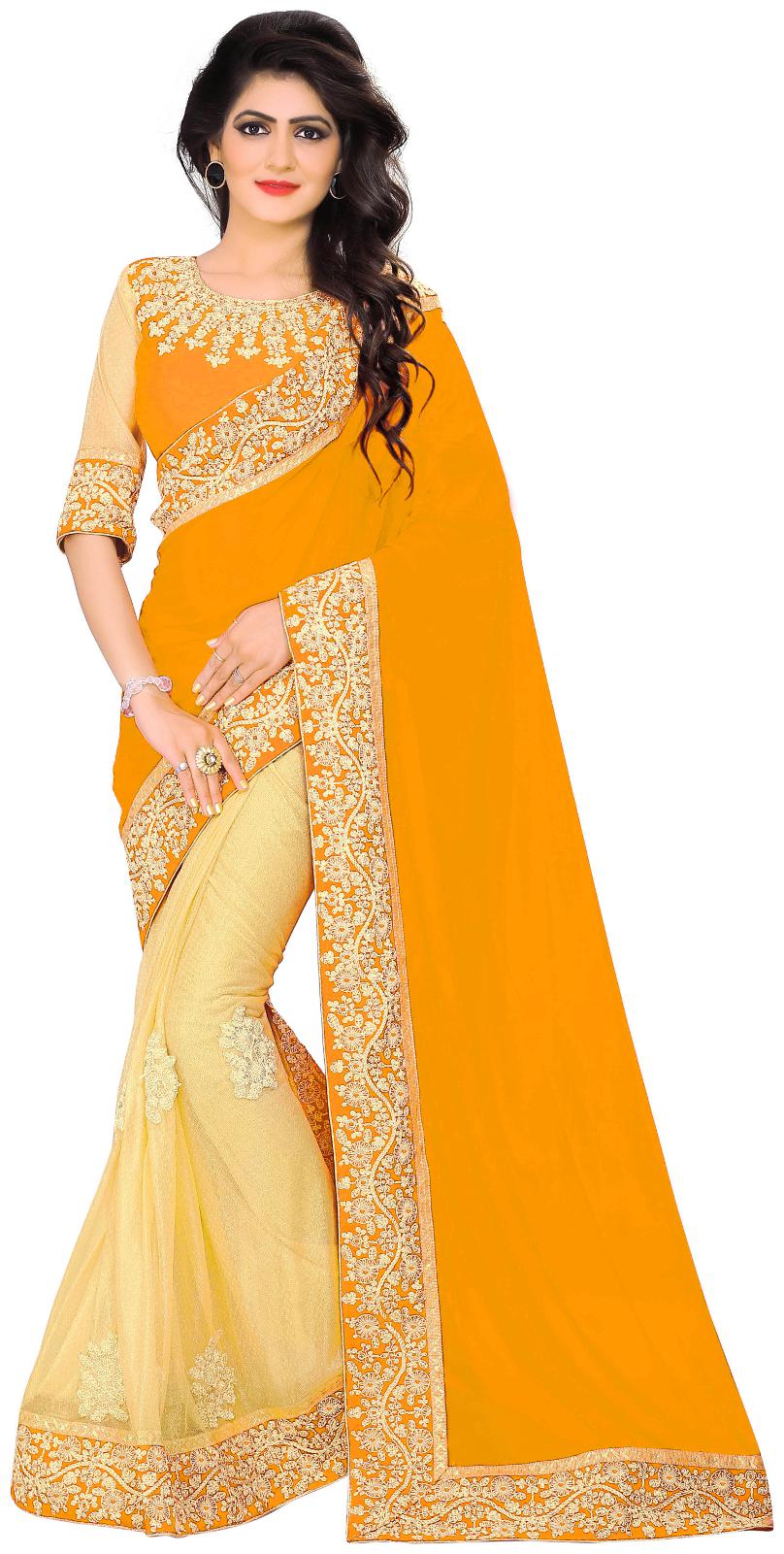 

Bigben Textile Yellow Embriodery Georgette Lycra Hanf N Half Saree With Blouses