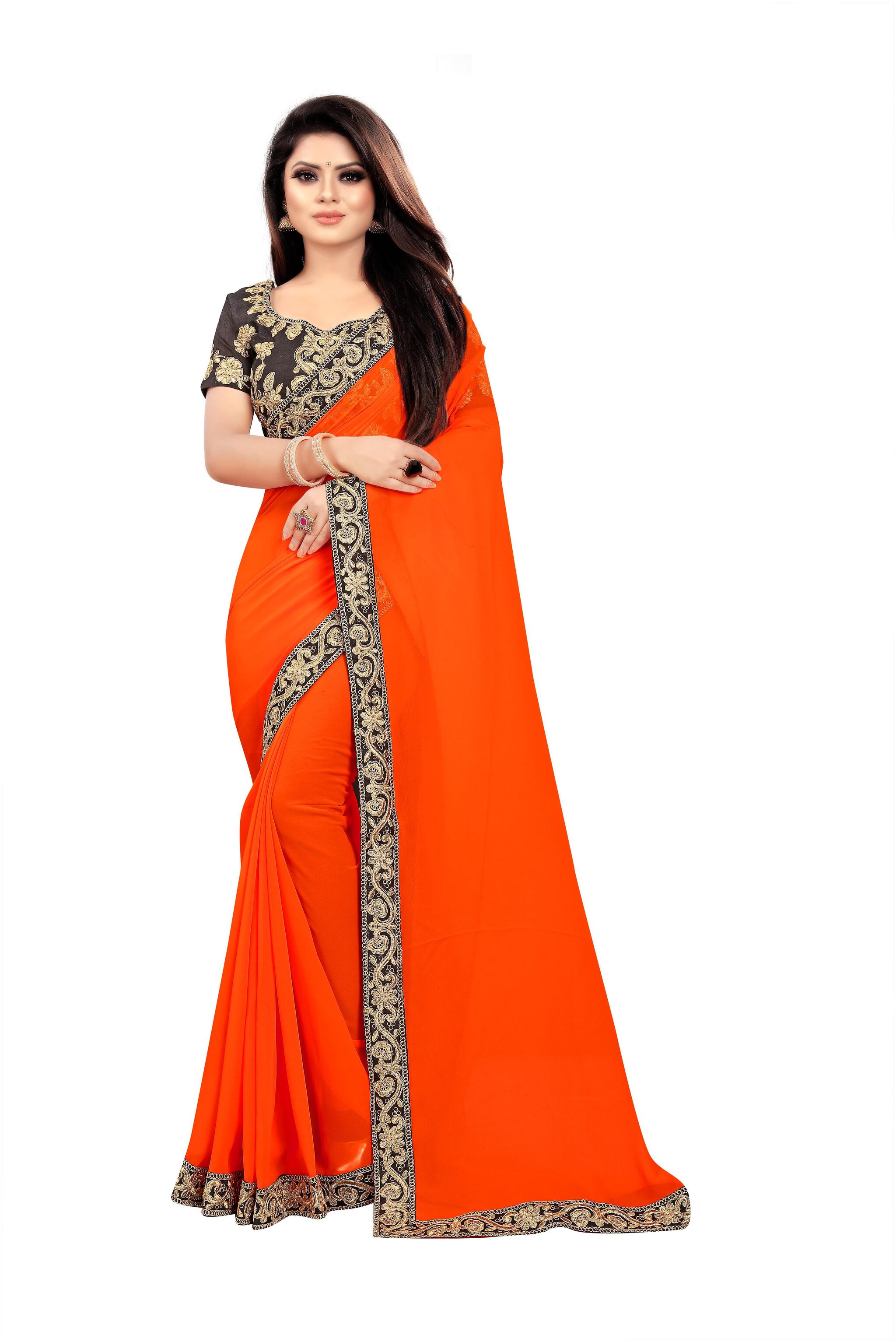 

Bigben Textile Georgette Lace work Party Wear Women Saree Orange