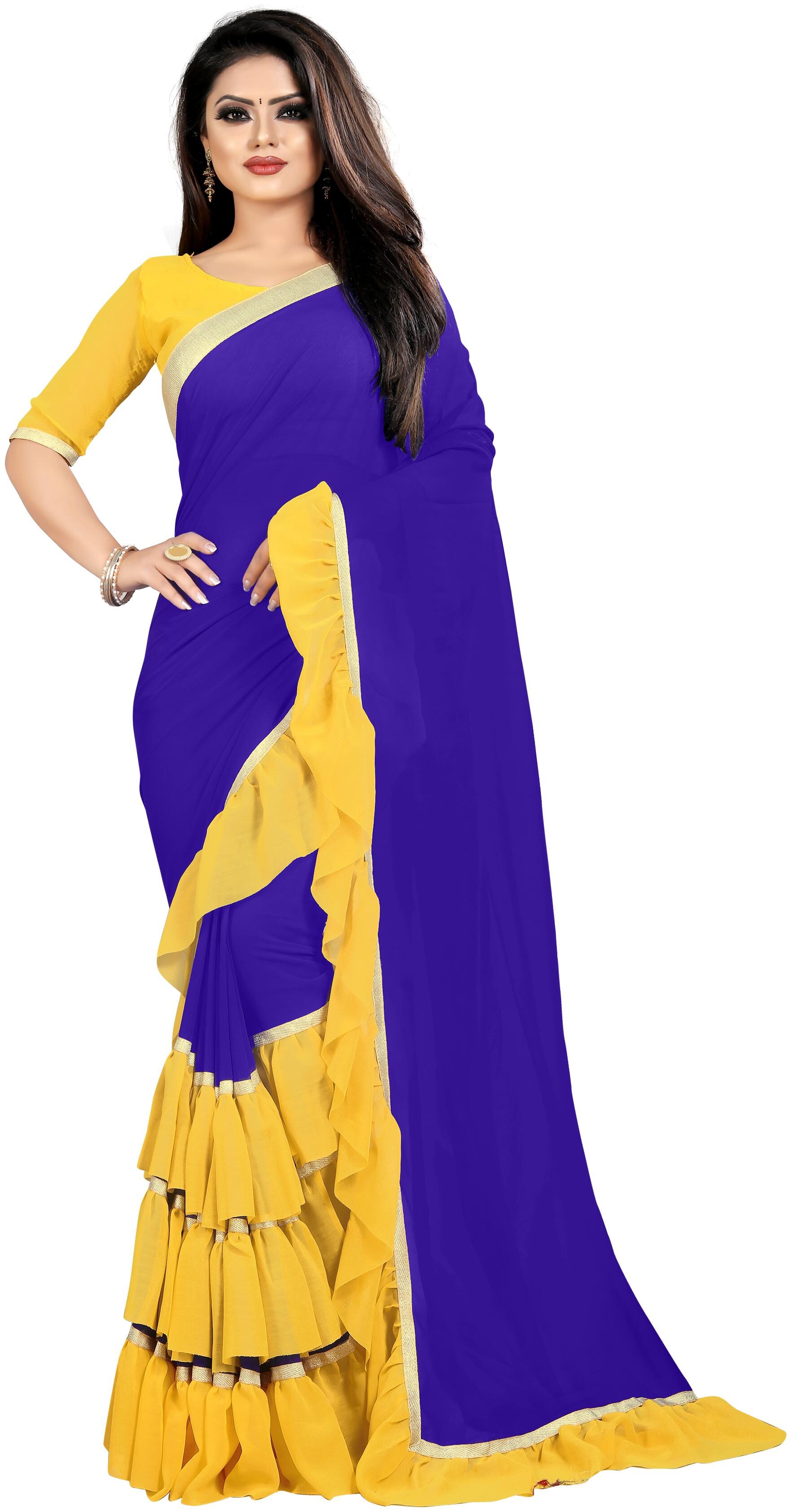 

Bigben Textile Women Georgette Saree With Blouse - Blue Yellow