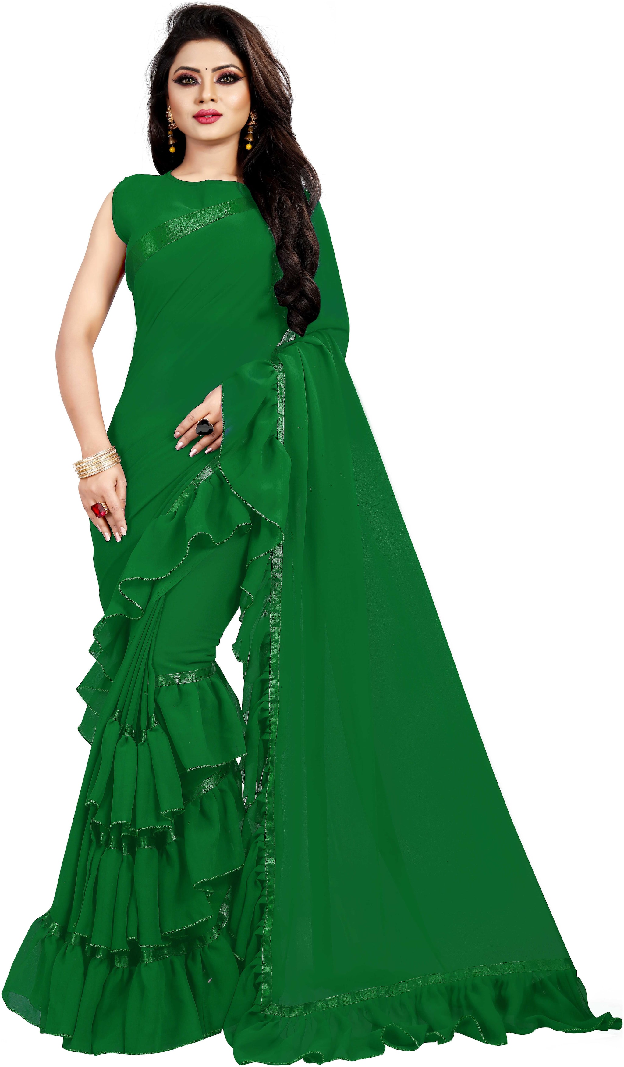 

Bigben Textile Green Solid Universal Ruffle Saree With Blouse With blouse