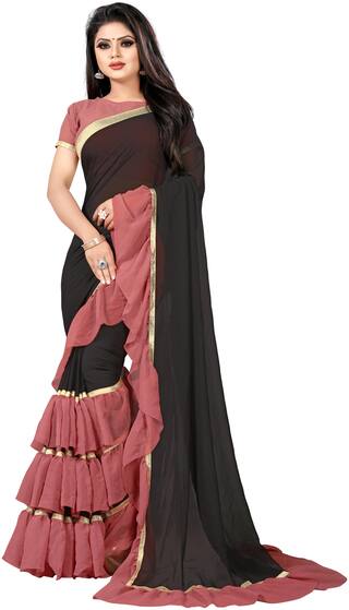 Bigben Textile Women Georgette Saree With Blouse Black and Peach color