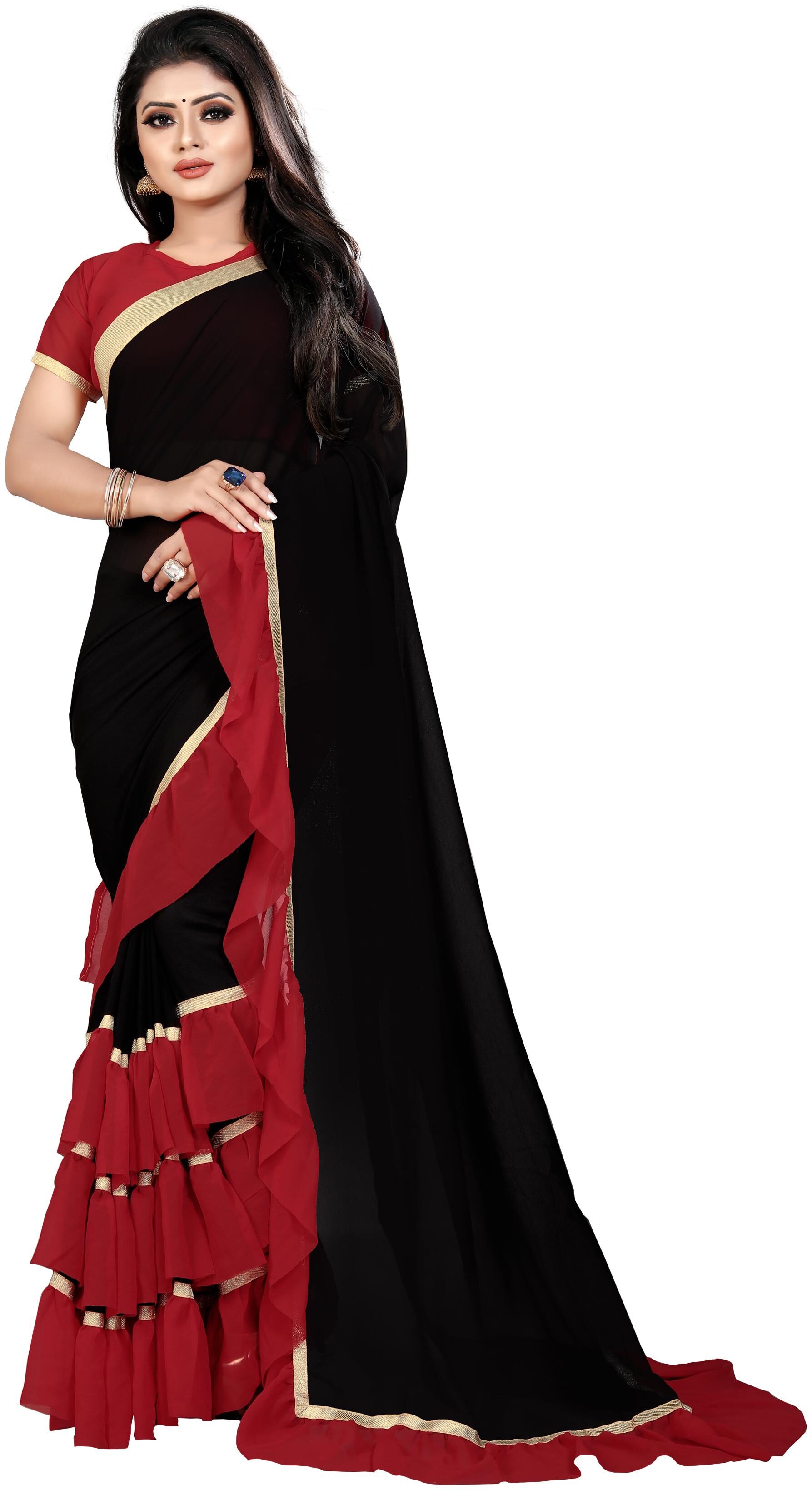 

Bigben Textile Women Georgette Universal Saree Black Red