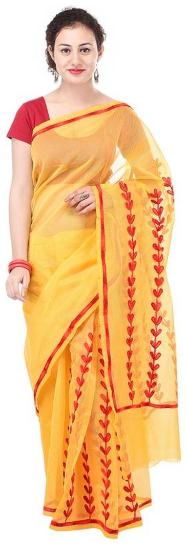 

Binori Women s Aari Work Pure Kota Supernet Cotton Saree With Blouse (Yellow)