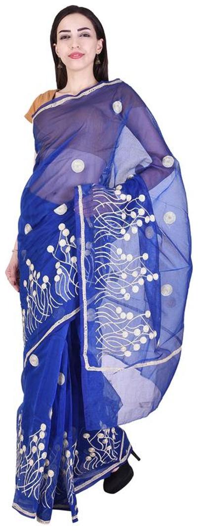 

Binori Women s Aari Work Pure Kota Supernet Cotton Saree With Blouse (Blue)