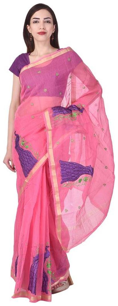 

Binori Women s Aari Work Pure Kota Supernet Cotton Saree With Blouse (Pink)