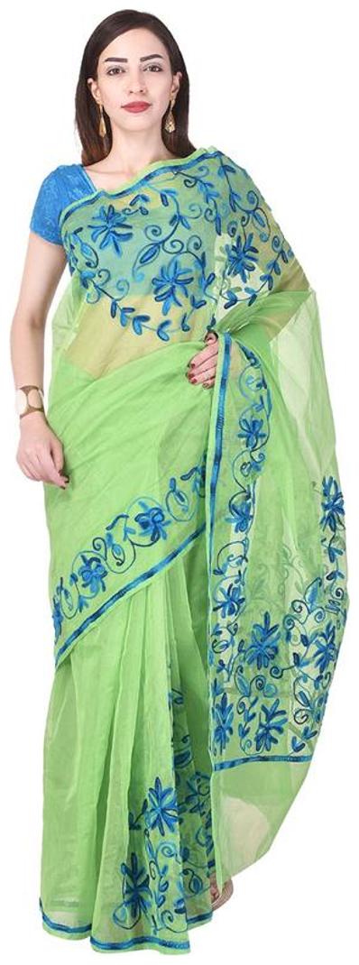 

Binori Women s Aari Work Pure Kota Supernet Cotton Saree With Blouse (Green)