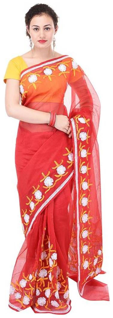 

Binori Women s Aari Work Pure Kota Supernet Cotton Saree With Blouse (Red)