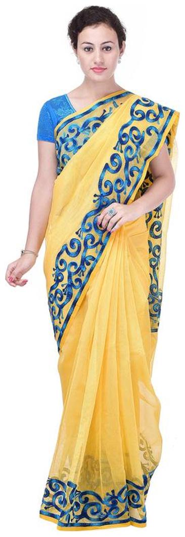 

Binori Women s Aari Work Pure Kota Supernet Cotton Saree With Blouse (Yellow)
