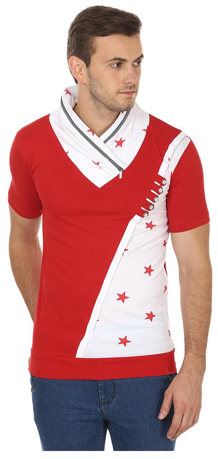 

Black Collection High Neck Red Star Print T shirt With Zip on Neck (Size L)
