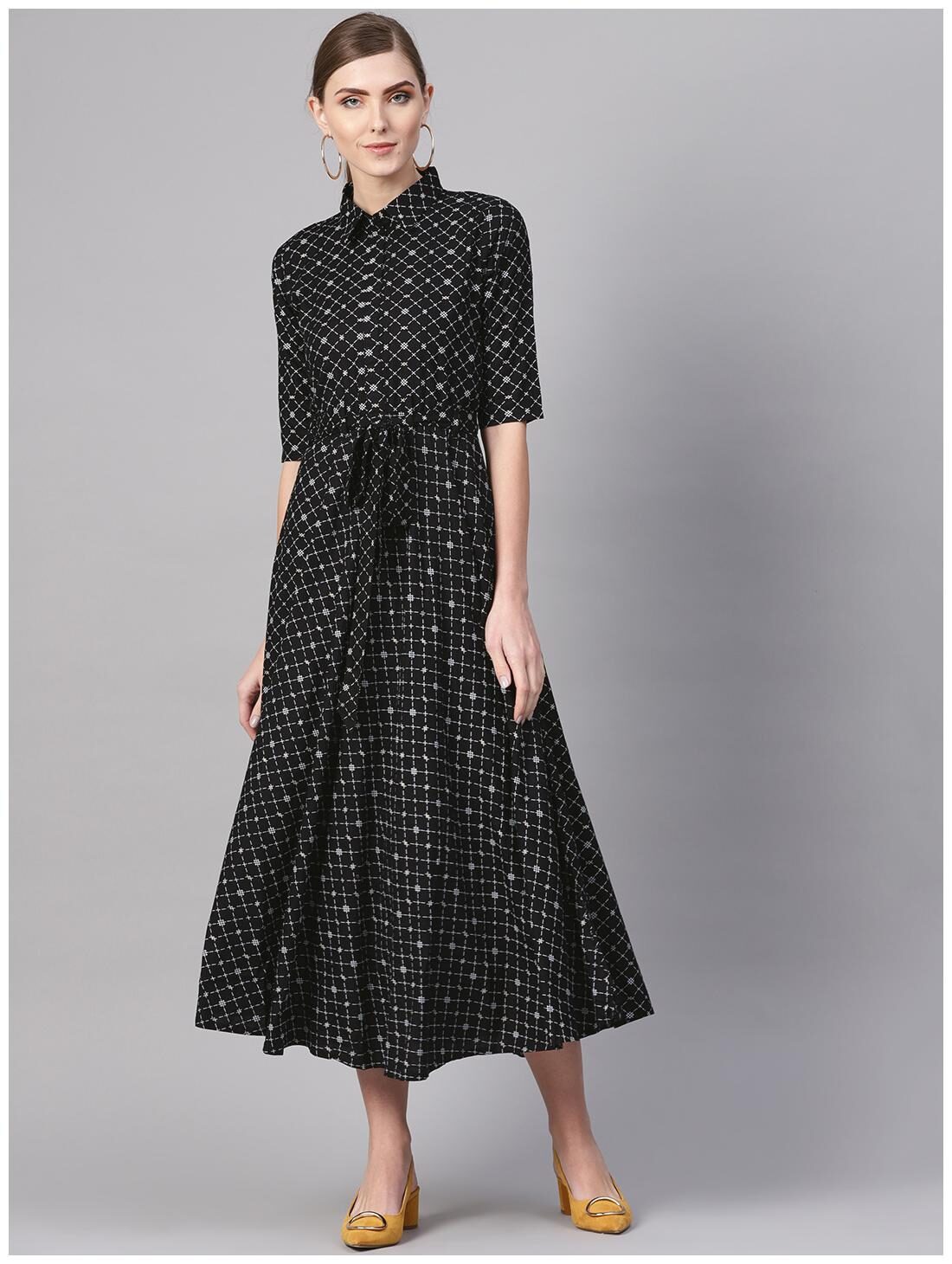 

Black Cotton Printed Aline Flared Maxi Dress With Belt