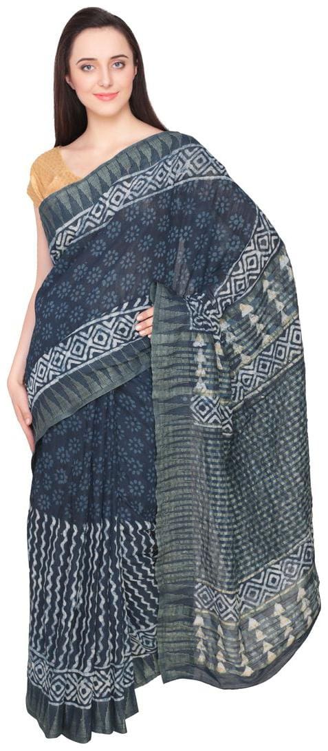 Indigo blue batik doted print cotton silk saree