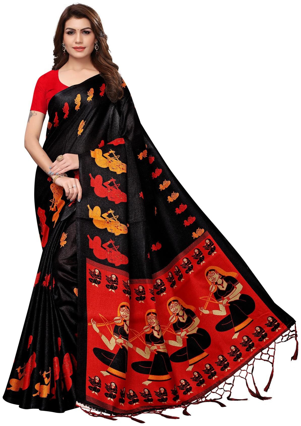 

Black Printed Kalmkari Khadi Silk Saree with Blouse Piece