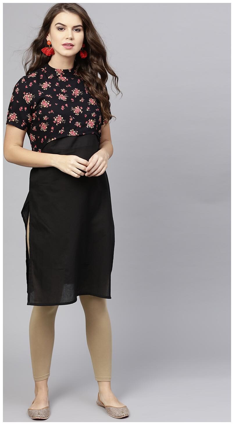 

AASI- HOUSE OF NAYO Women Black Floral Straight Kurta