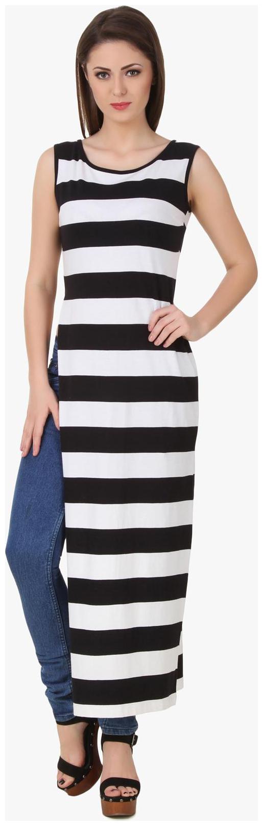 

Texco Black White Bold Stripe High Slit Sexy Back Party Maxi Dress