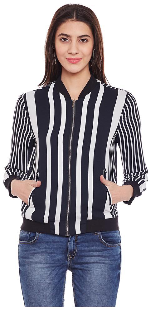

OXOLLOXO Women Striped Bomber Jacket - Black