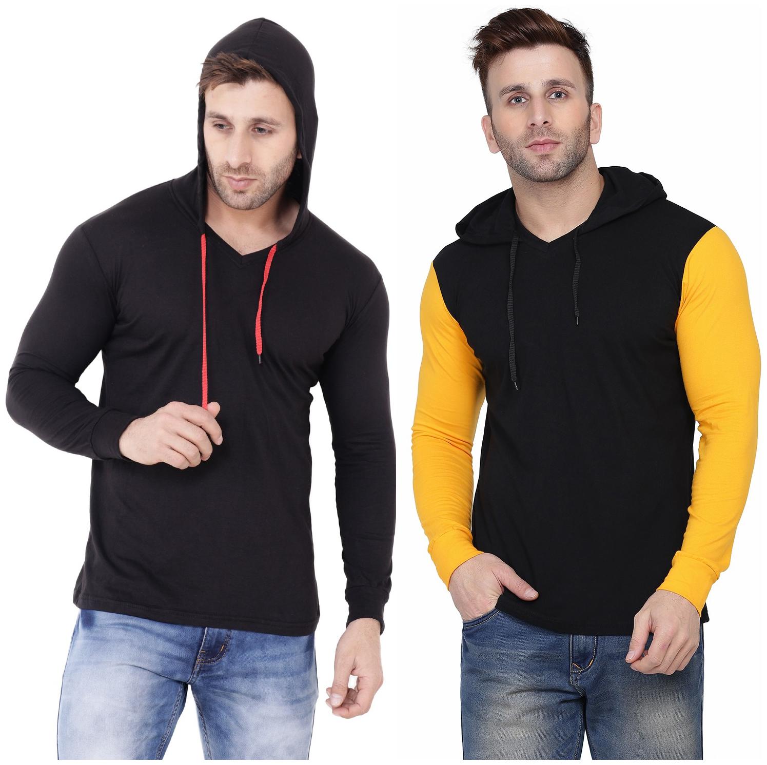 

BLISSTONE Men Black Yellow Slim fit Cotton Blend Hood T-Shirt - Pack Of 2