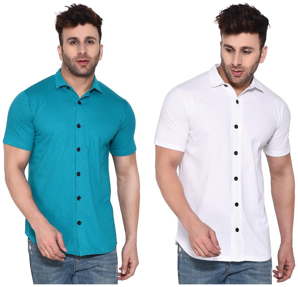 

BLISSTONE Cotton Blend Solid Turquoise and White Color Shirt For Men (Pack Of 2)