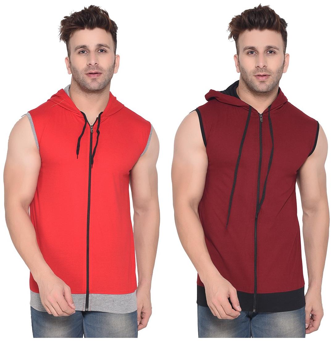 

BLISSTONE Men Red Maroon Slim fit Cotton Blend Hood T-Shirt - Pack Of 2