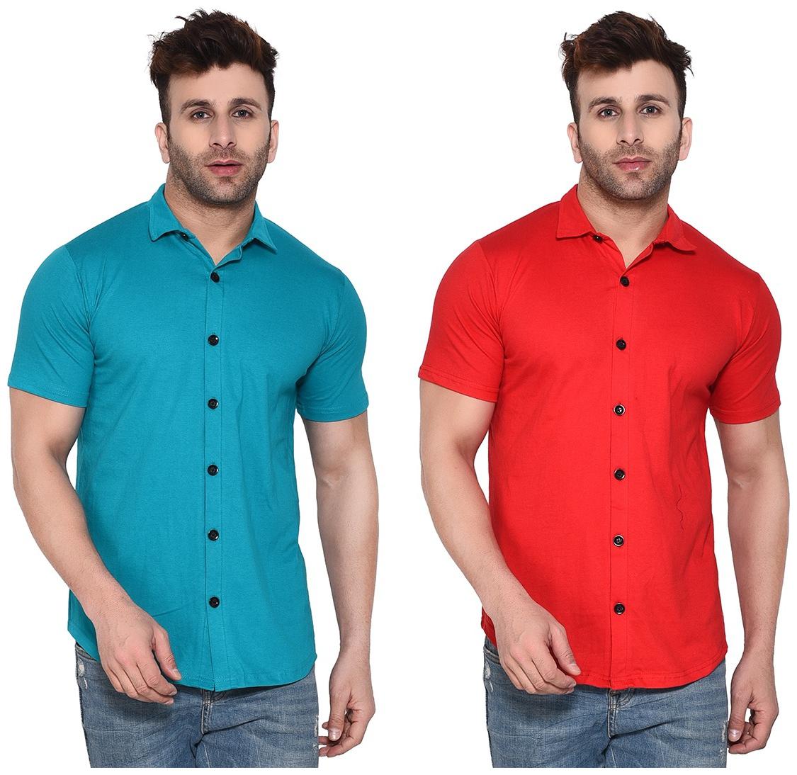

BLISSTONE Cotton Blend Solid Turquoise and Red Color Shirt For Men (Pack Of 2)
