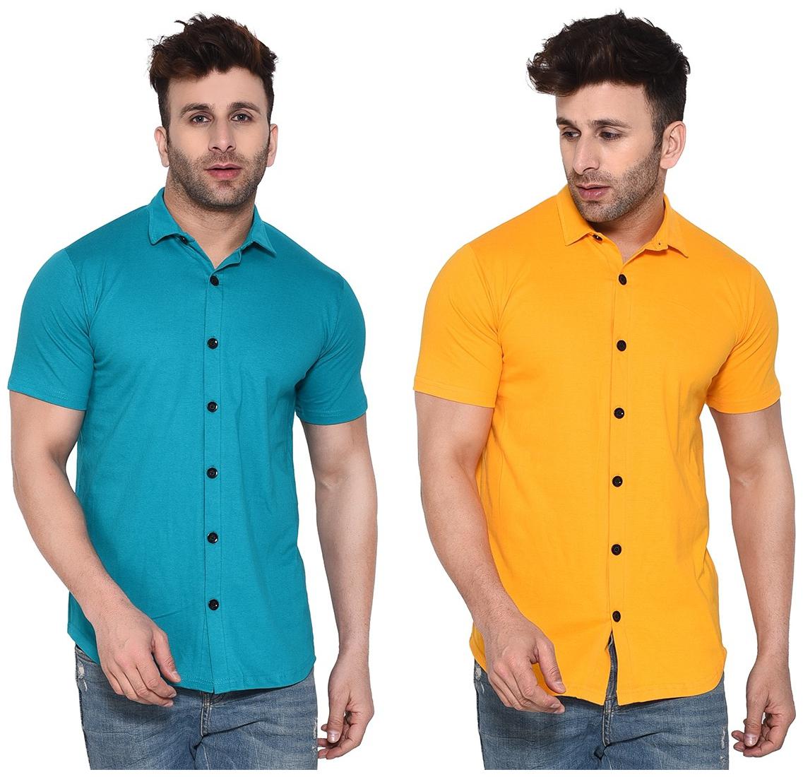 

BLISSTONE Cotton Blend Solid Turquoise and Yellow Color Shirt For Men (Pack Of 2)