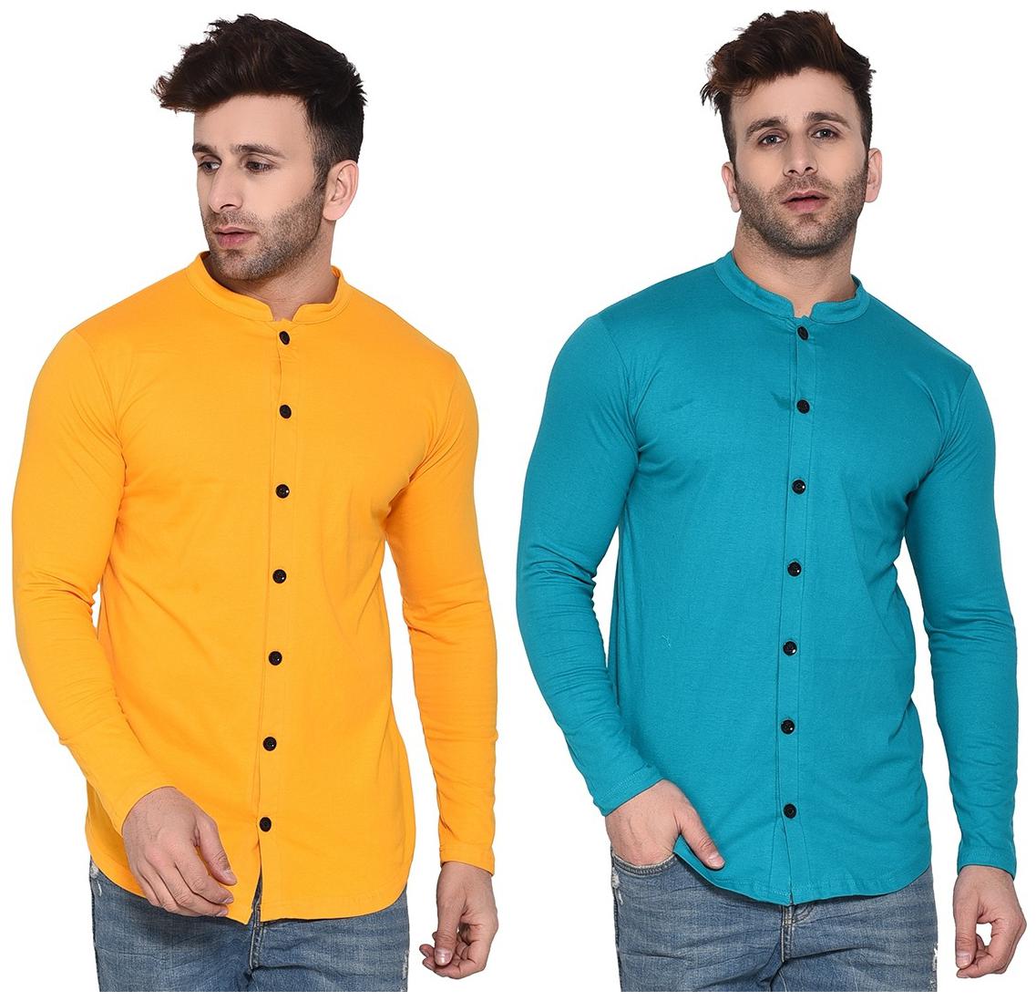 

BLISSTONE Cotton Blend Solid Yellow and Turquoise Color Shirt For Men (Pack Of 2)