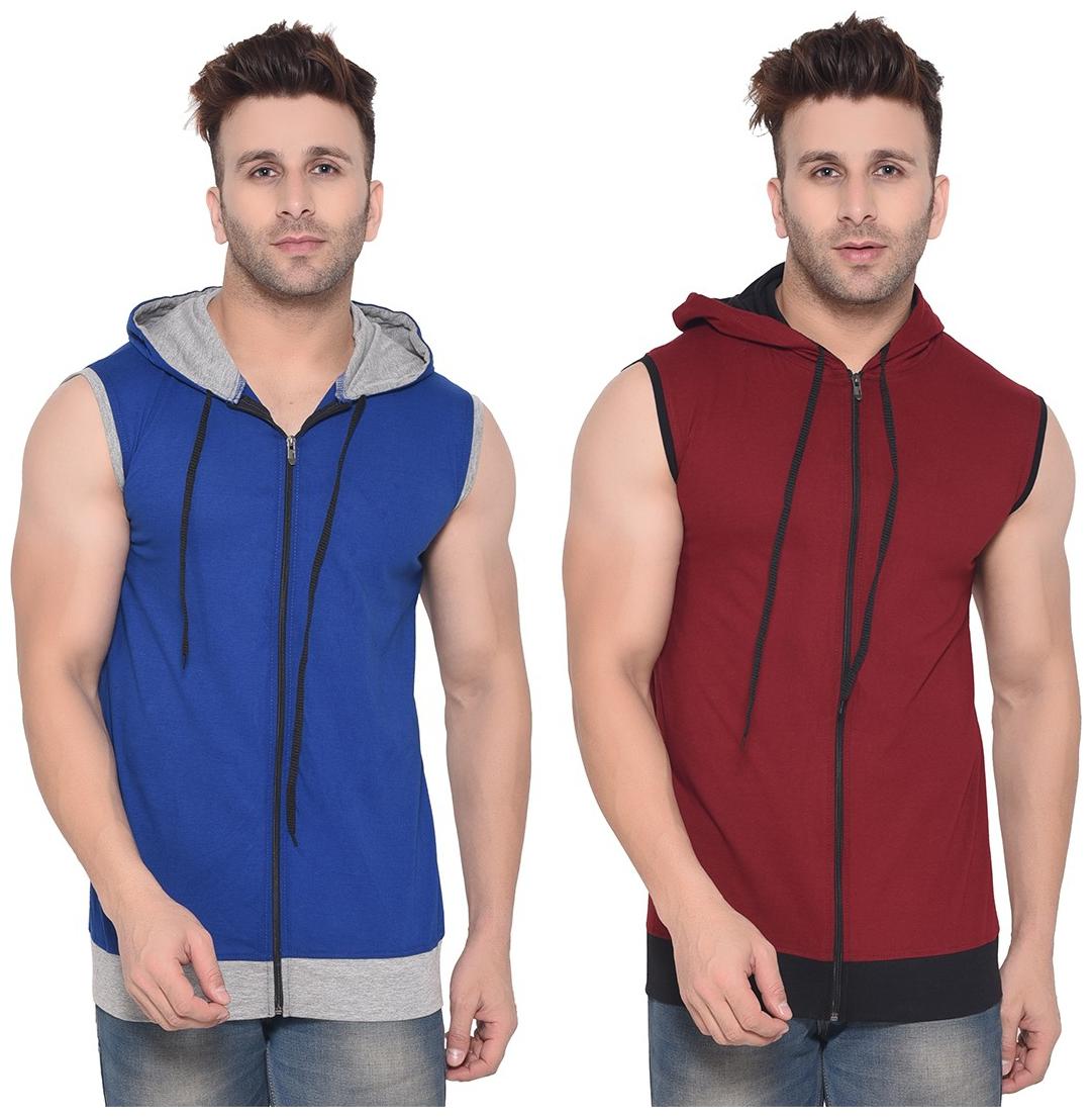 

BLISSTONE Men Blue Maroon Slim fit Cotton Blend Hood T-Shirt - Pack Of 2
