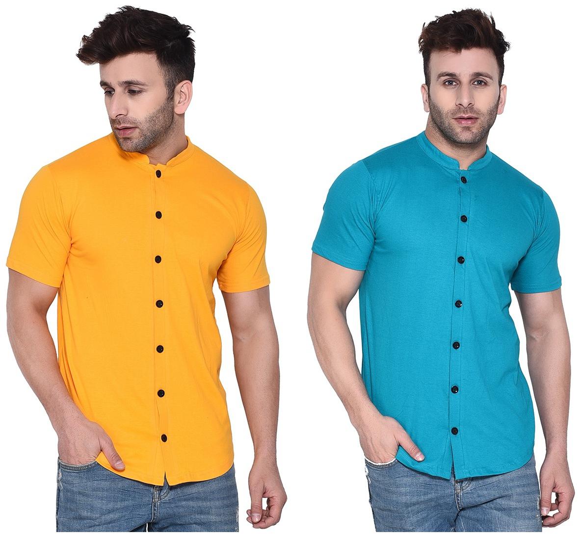 

BLISSTONE Cotton Blend Solid Yellow and Turquoise Color Shirt For Men (Pack Of 2)